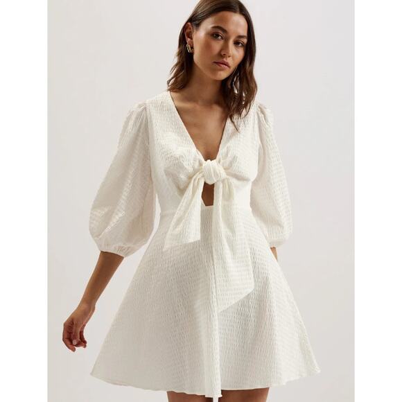 TED BAKER Askas Seersucker Tie Front Mini Dress Off-White Size 2 - Picture 1 of 13
